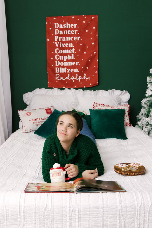 Christmas Banner, Santa's Reindeer, Kids Fabric Tapestry