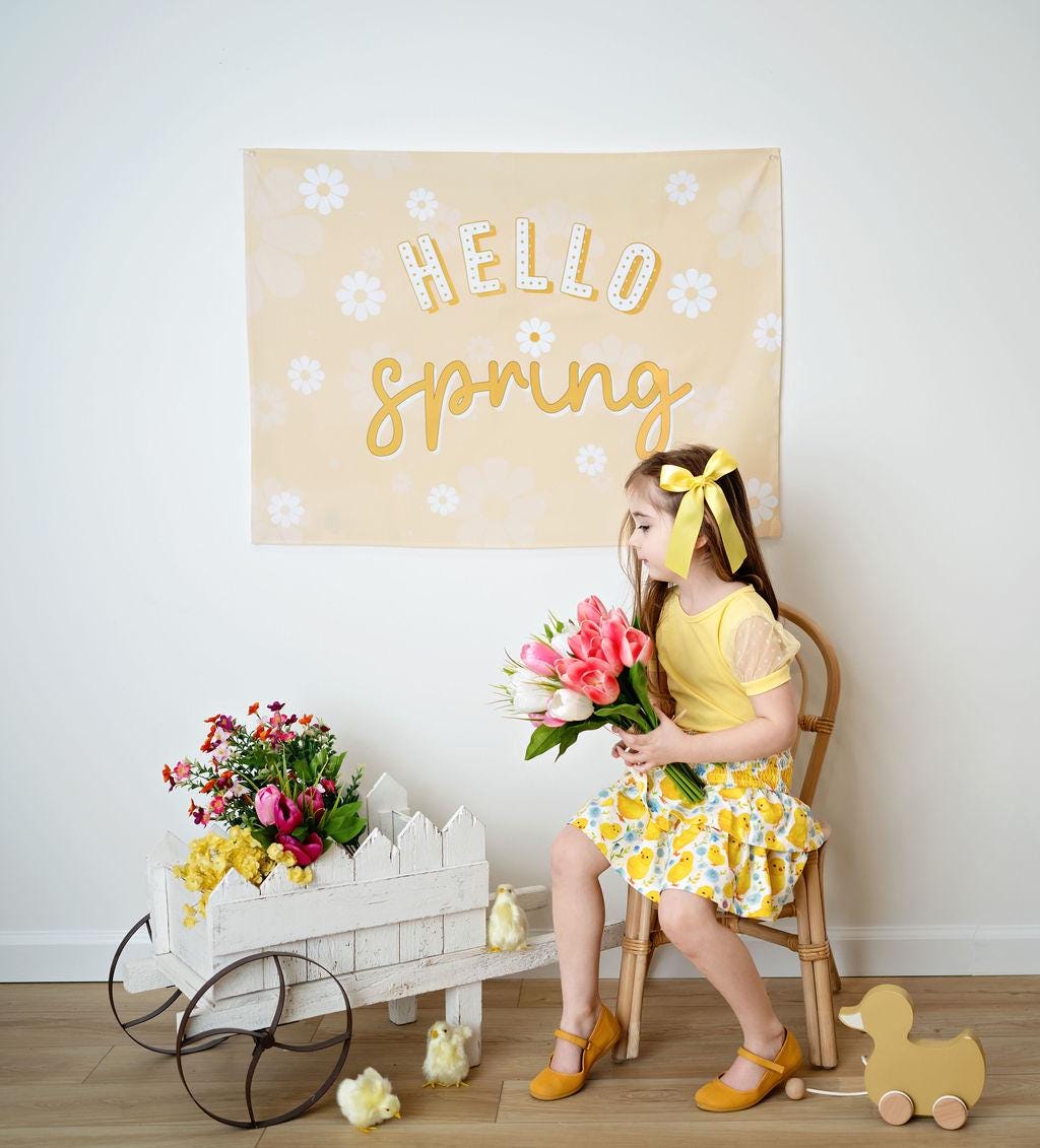 Fabric Tapestry Banner, Hello Spring, Kids Wall Art Room Decor, Childrens Wall Art