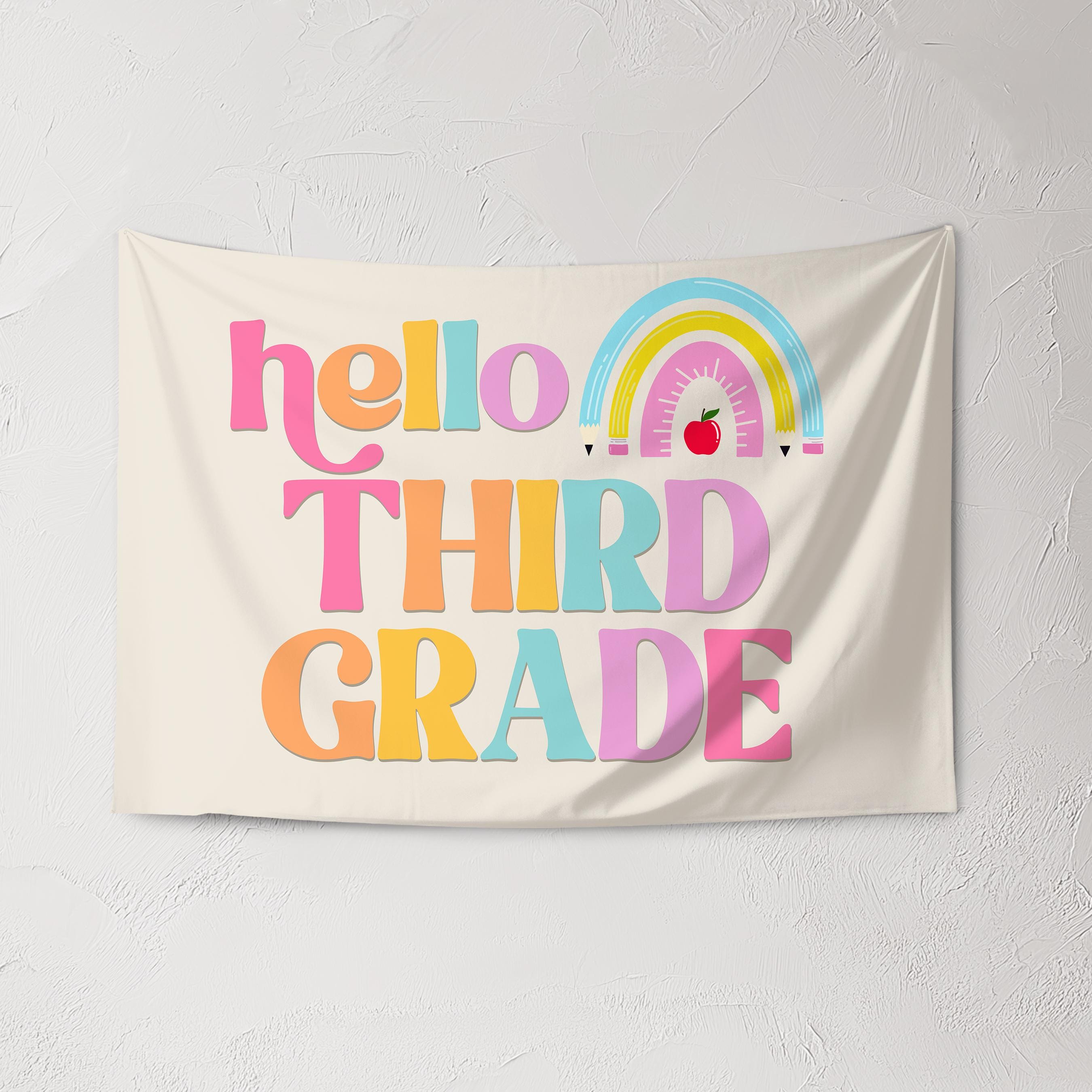 Fabric Tapestry Banner, Hello Rainbow Third Grade, Kids Wall Art Room Decor