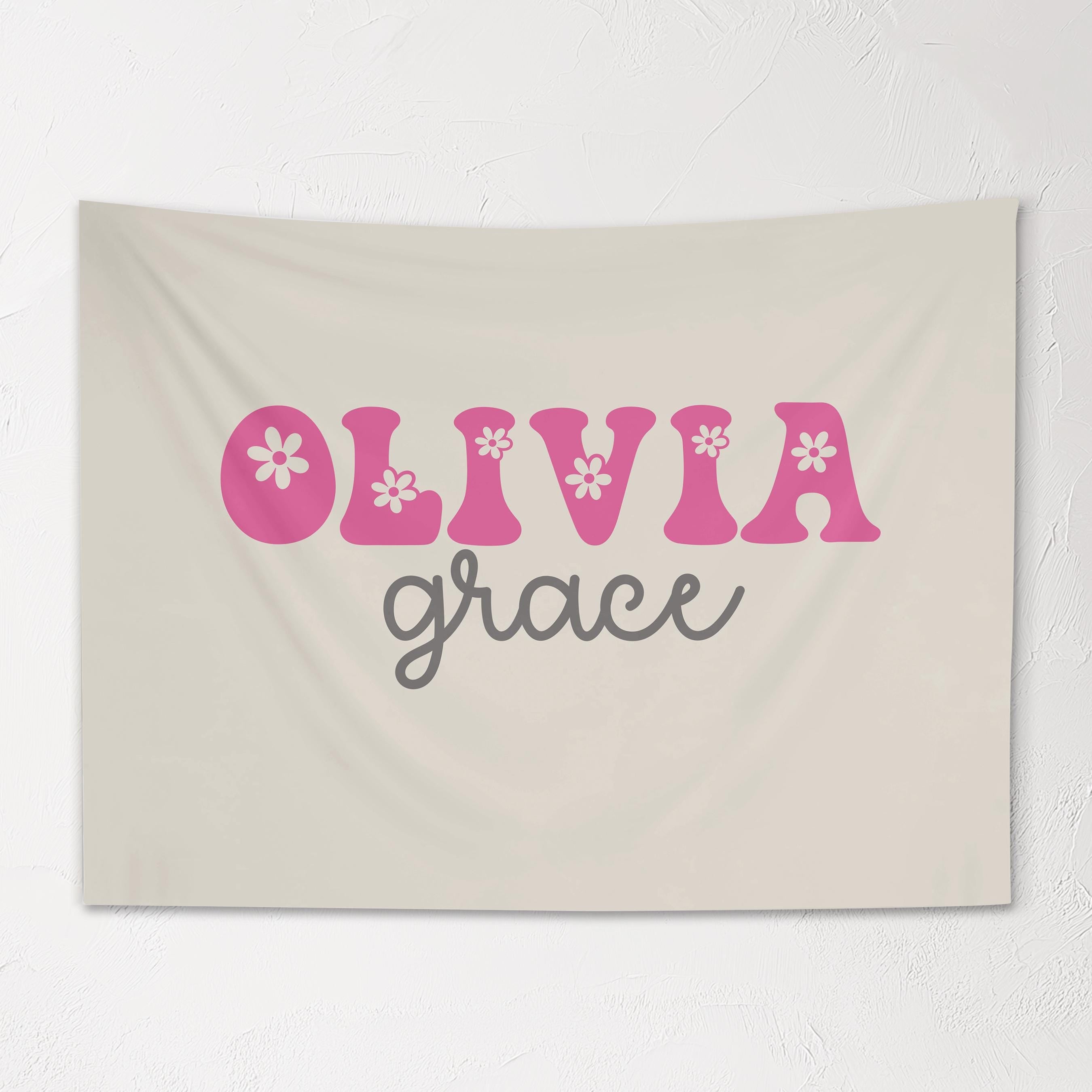 Fabric Tapestry Banner, Groovy Flower Name Personalized, Kids Wall Decor, Children's Wall Art