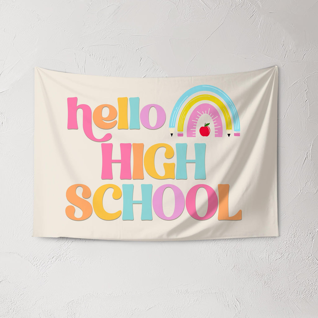 Fabric Tapestry Banner, Hello Rainbow High School, Kids Wall Art Room Decor