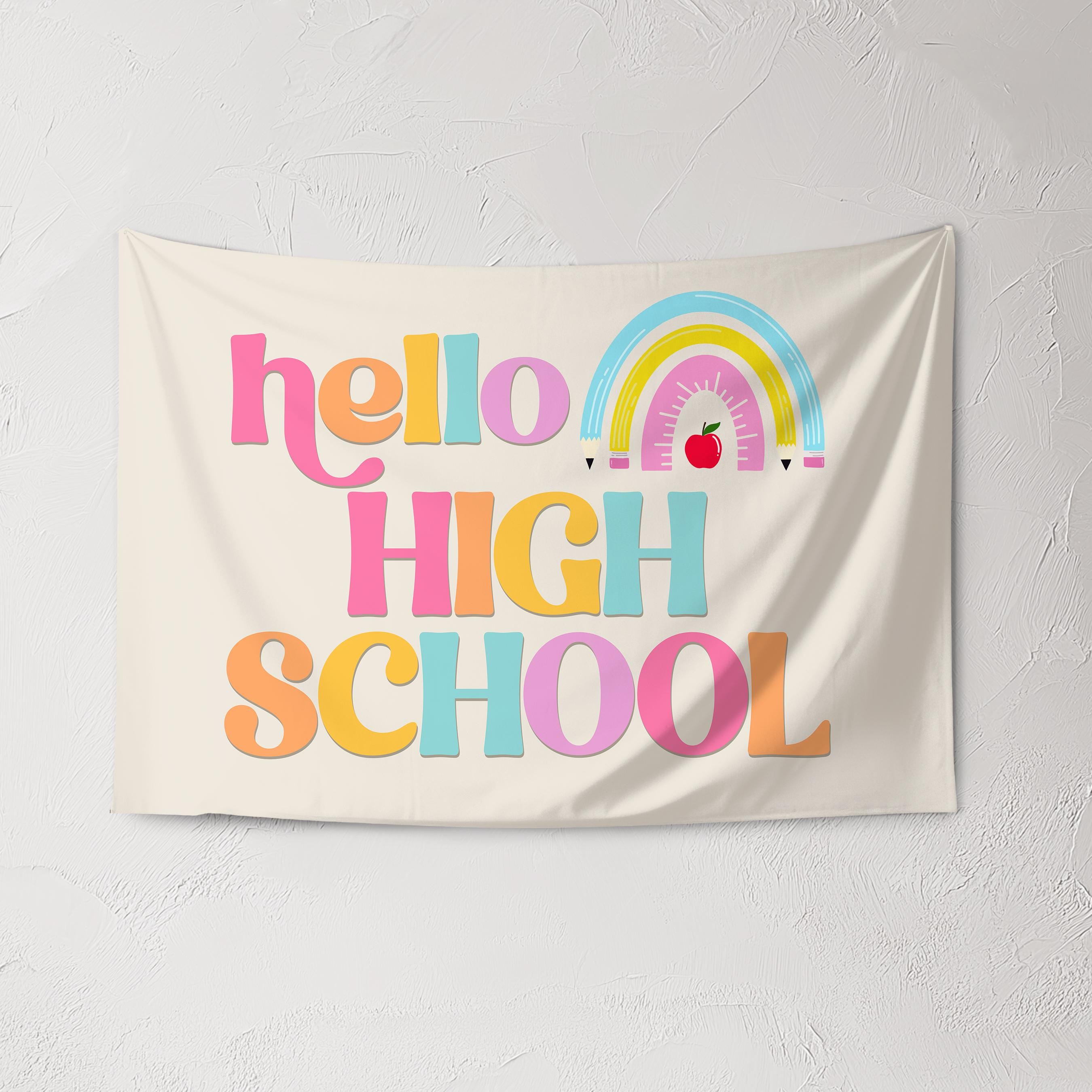 Fabric Tapestry Banner, Hello Rainbow High School, Kids Wall Art Room Decor