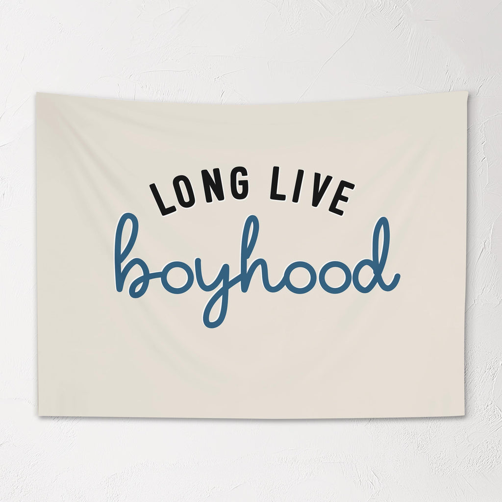 Fabric Tapestry Banner, Long Live Boyhood Cream Blue, Kids  Wall Art Decor