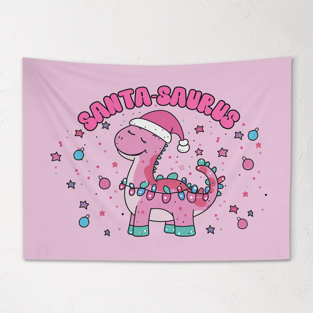 Christmas Banner, Santa-Saurus, Festive Kids Pink Fabric Tapestry, Room Decor