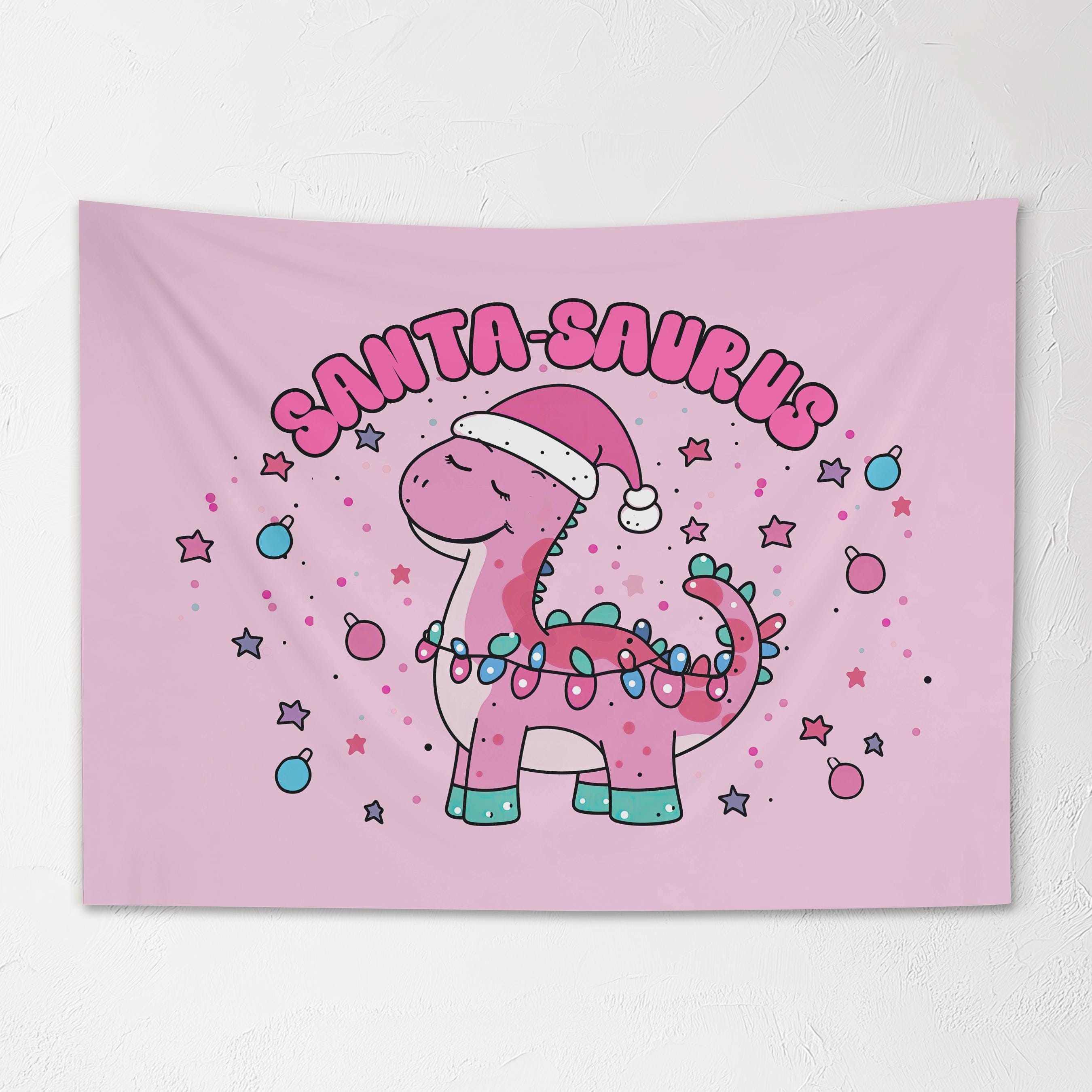 Christmas Banner, Santa-Saurus, Festive Kids Pink Fabric Tapestry, Room Decor