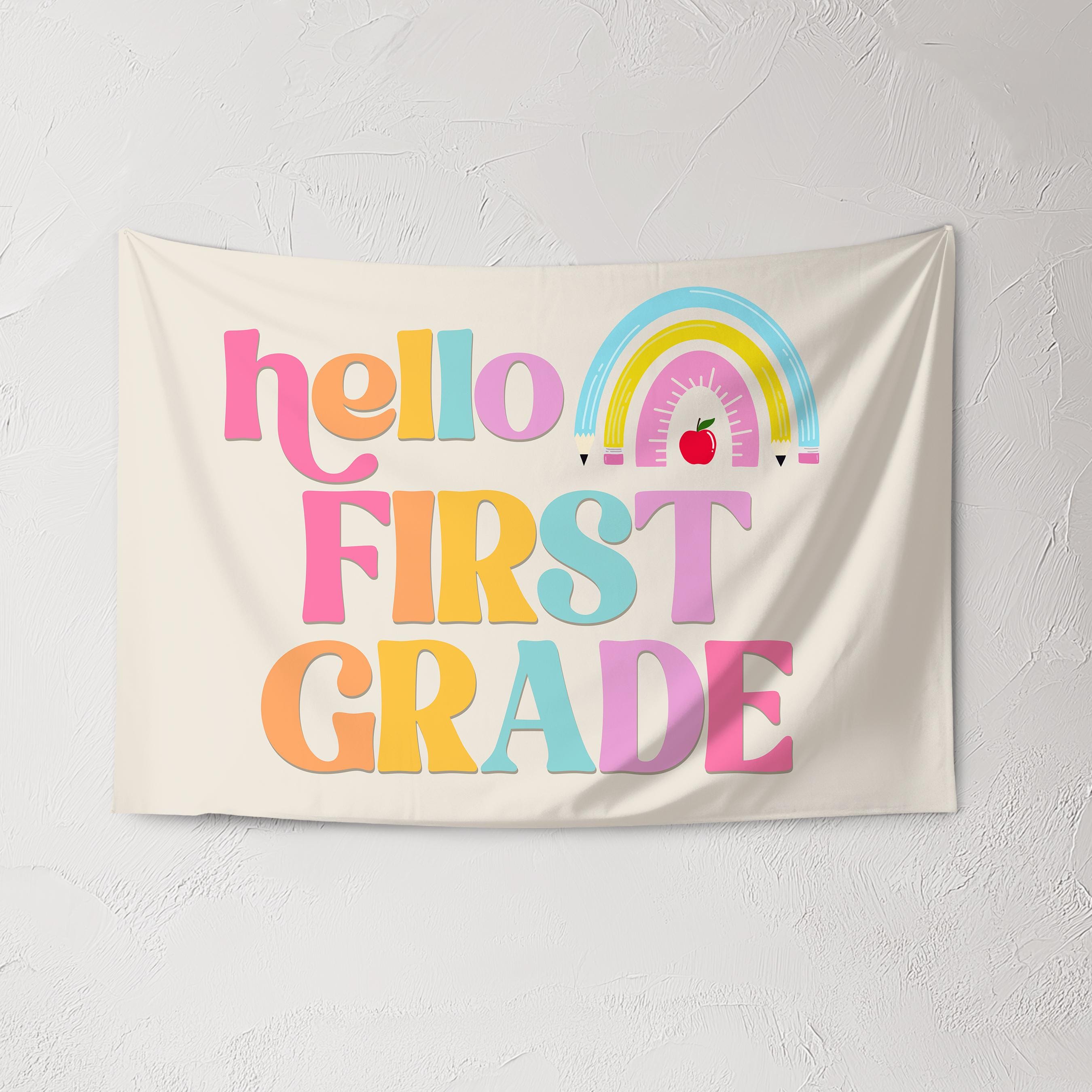 Fabric Tapestry Banner, Hello Rainbow First Grade, Kids Wall Art Room Decor