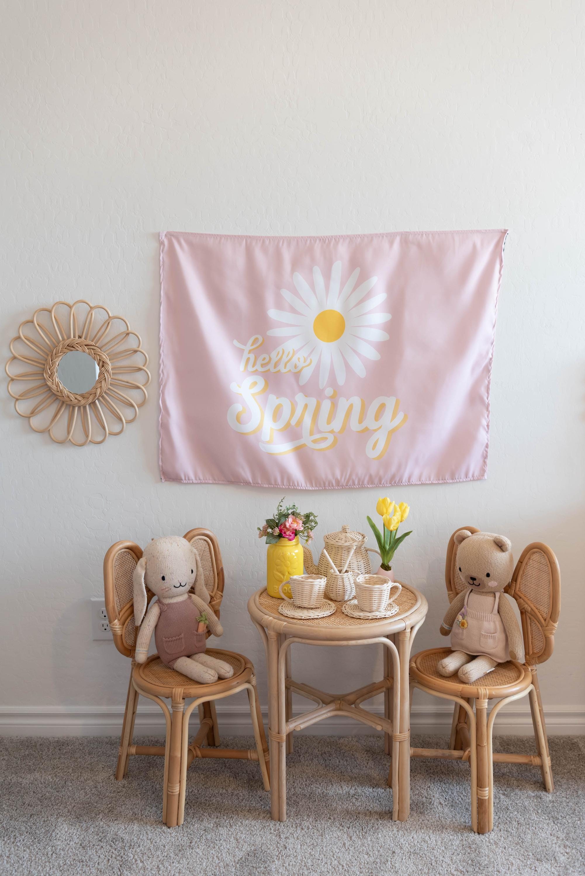 Fabric Tapestry Banner, Hello Spring, Kids Wall Art Room Decor, Children's Wall Art