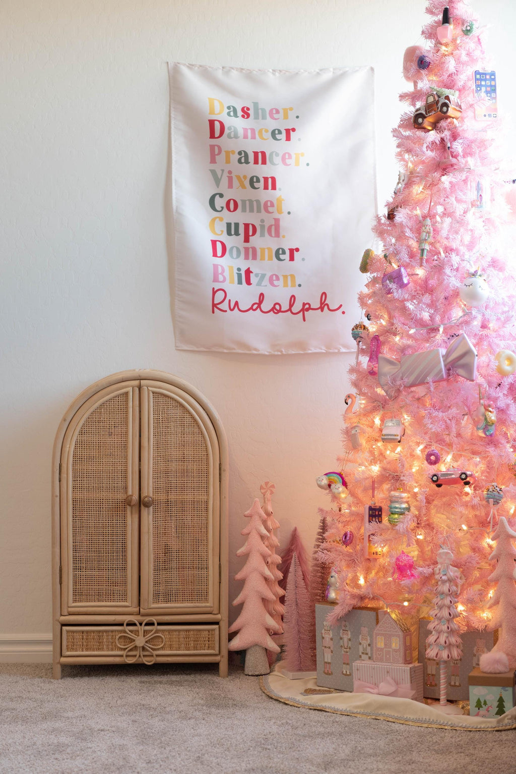 Christmas Banner, Santa's Reindeer Names Kids Fabric Tapestry