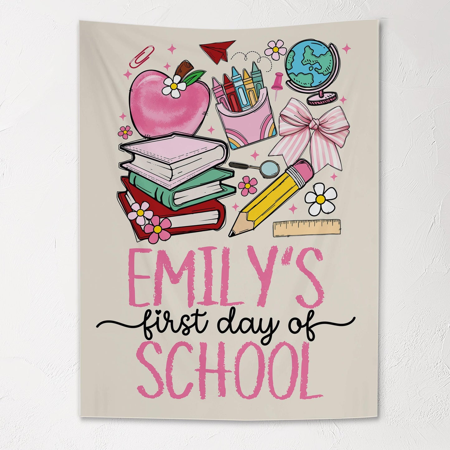 Fabric Tapestry Banner, First Day of School Girl Name Personalized, Kids Wall Decor