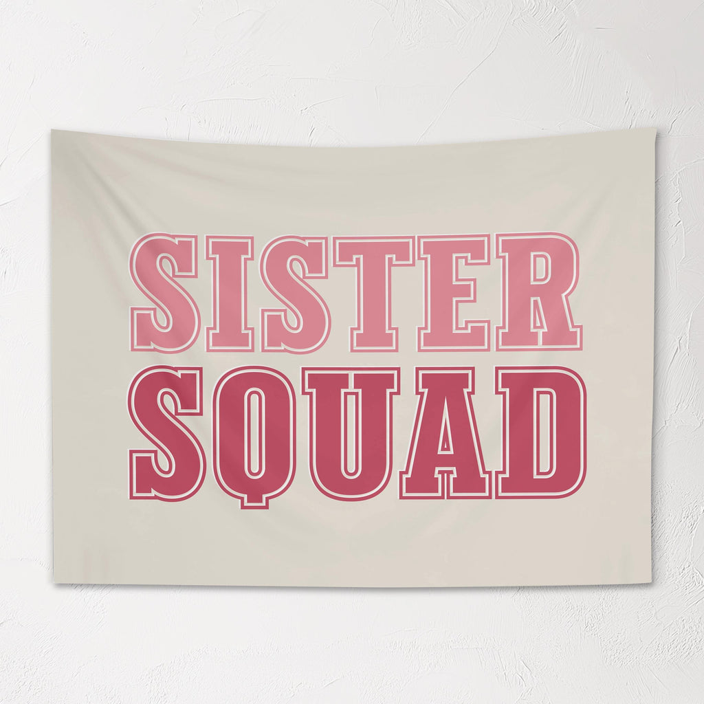Fabric Tapestry Banner, Sister Squad,  Girls Pink Wall Art Decor, Children's Wall Art