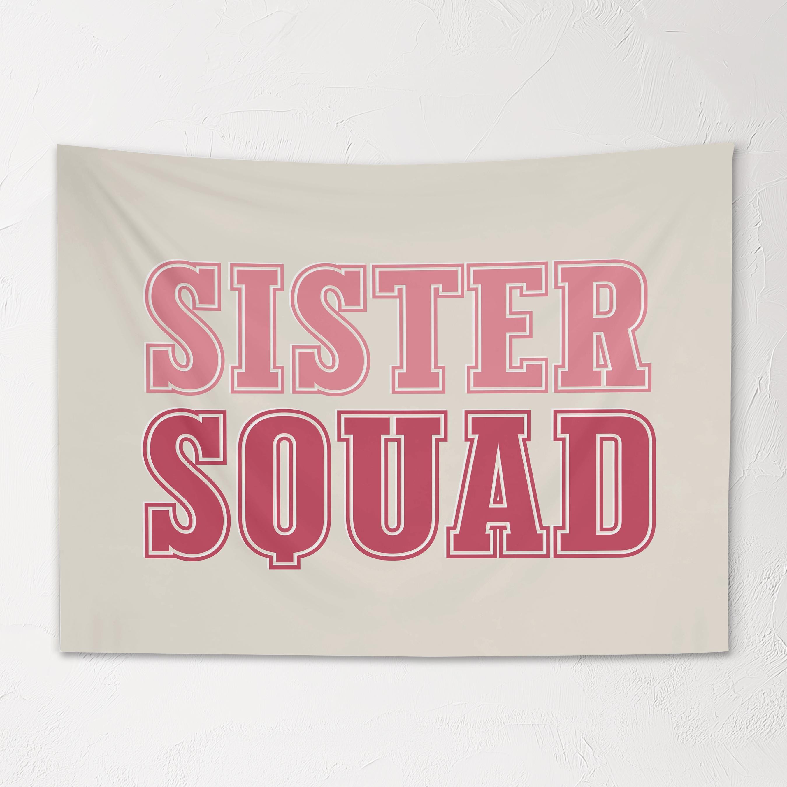 Fabric Tapestry Banner, Sister Squad,  Girls Pink Wall Art Decor, Children's Wall Art