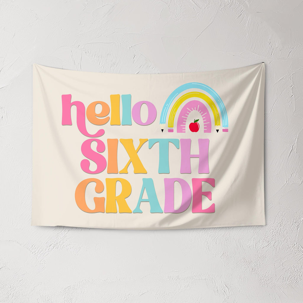 Fabric Tapestry Banner, Hello Rainbow Sixth Grade, Kids Wall Art Room Decor