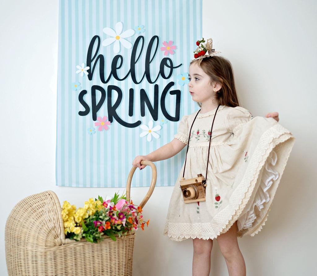 Fabric Tapestry Banner, Hello Spring, Kids Wall Art Room Decor, Children's Wall Art