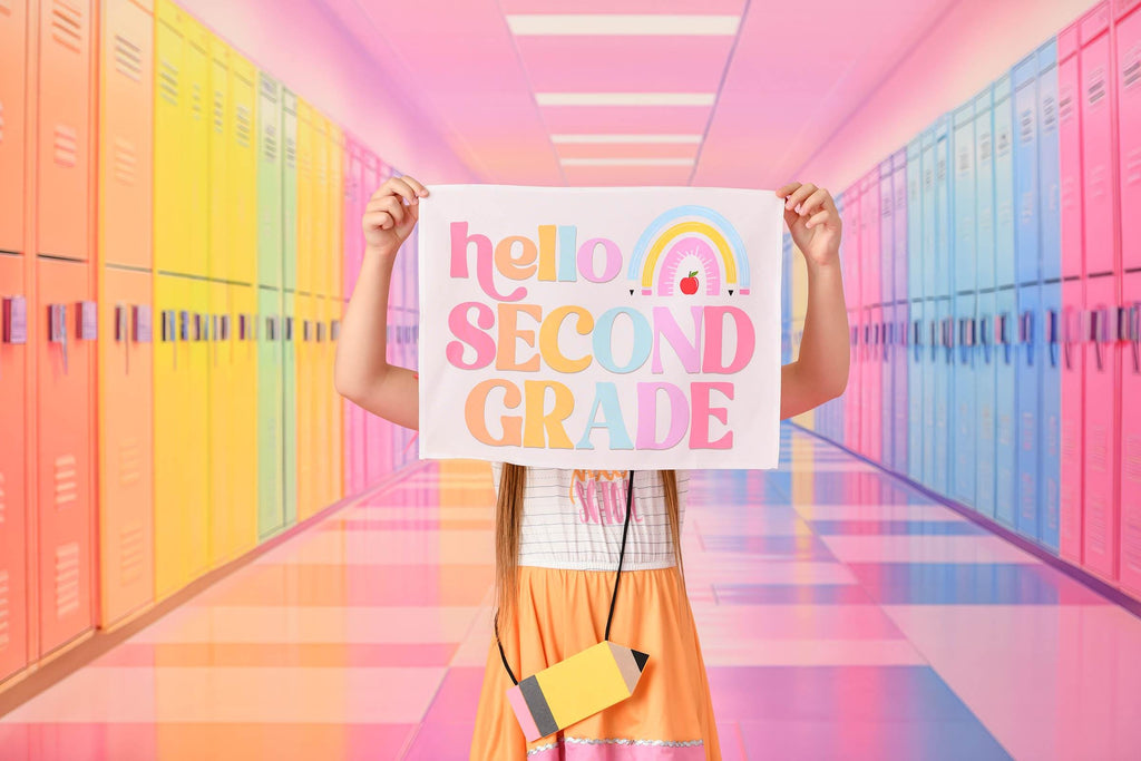 Fabric Tapestry Banner, Hello Rainbow Second Grade, Kids Wall Art Room Decor
