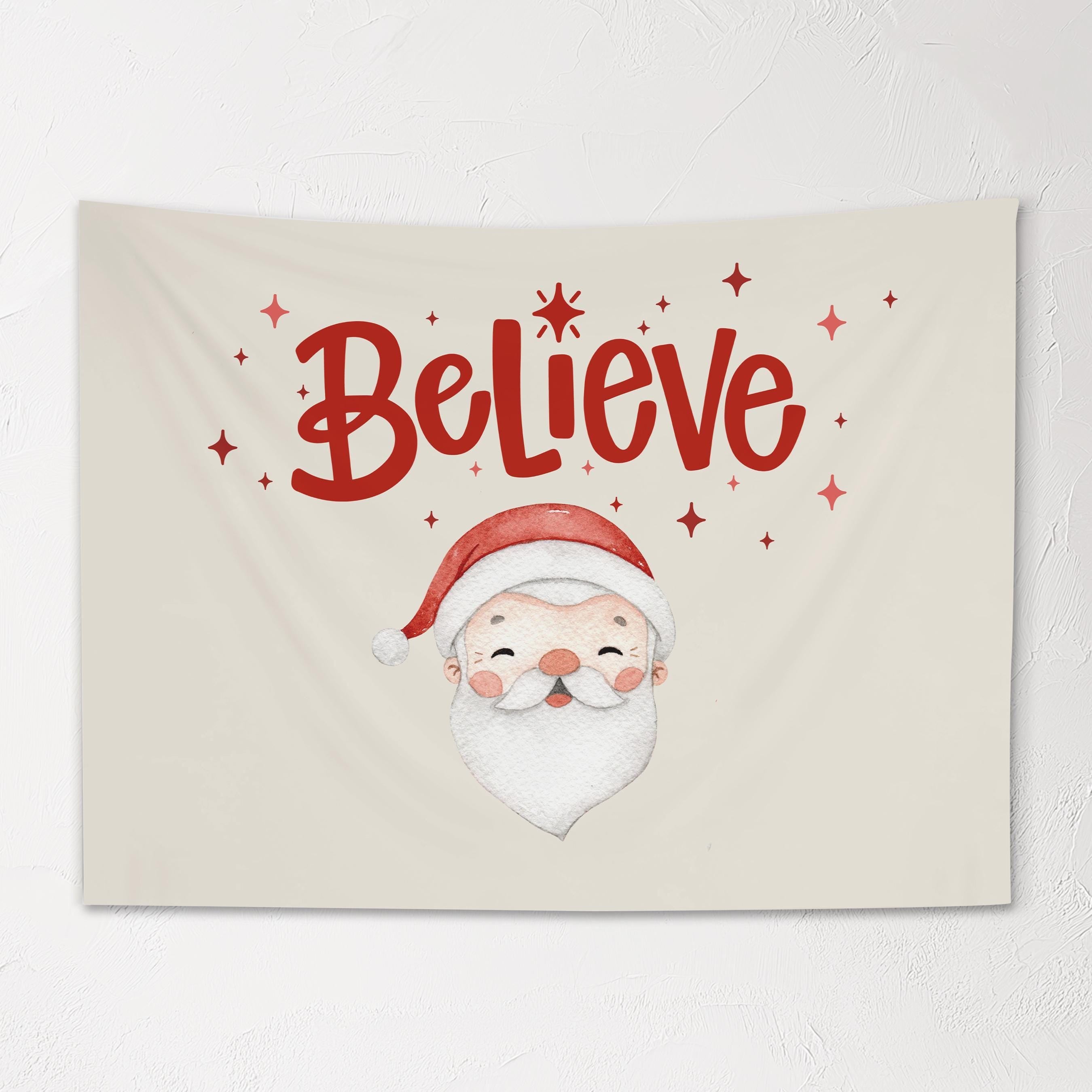 Christmas Banner, Believe - Caucasian Santa, Kids Fabric Tapestry, Santa Wall art Room Decor