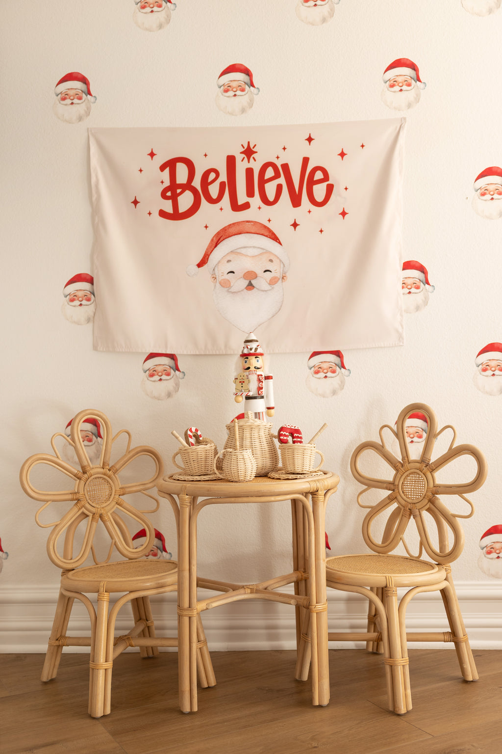 Christmas Banner, Believe - Caucasian Santa, Kids Fabric Tapestry, Santa Wall art Room Decor