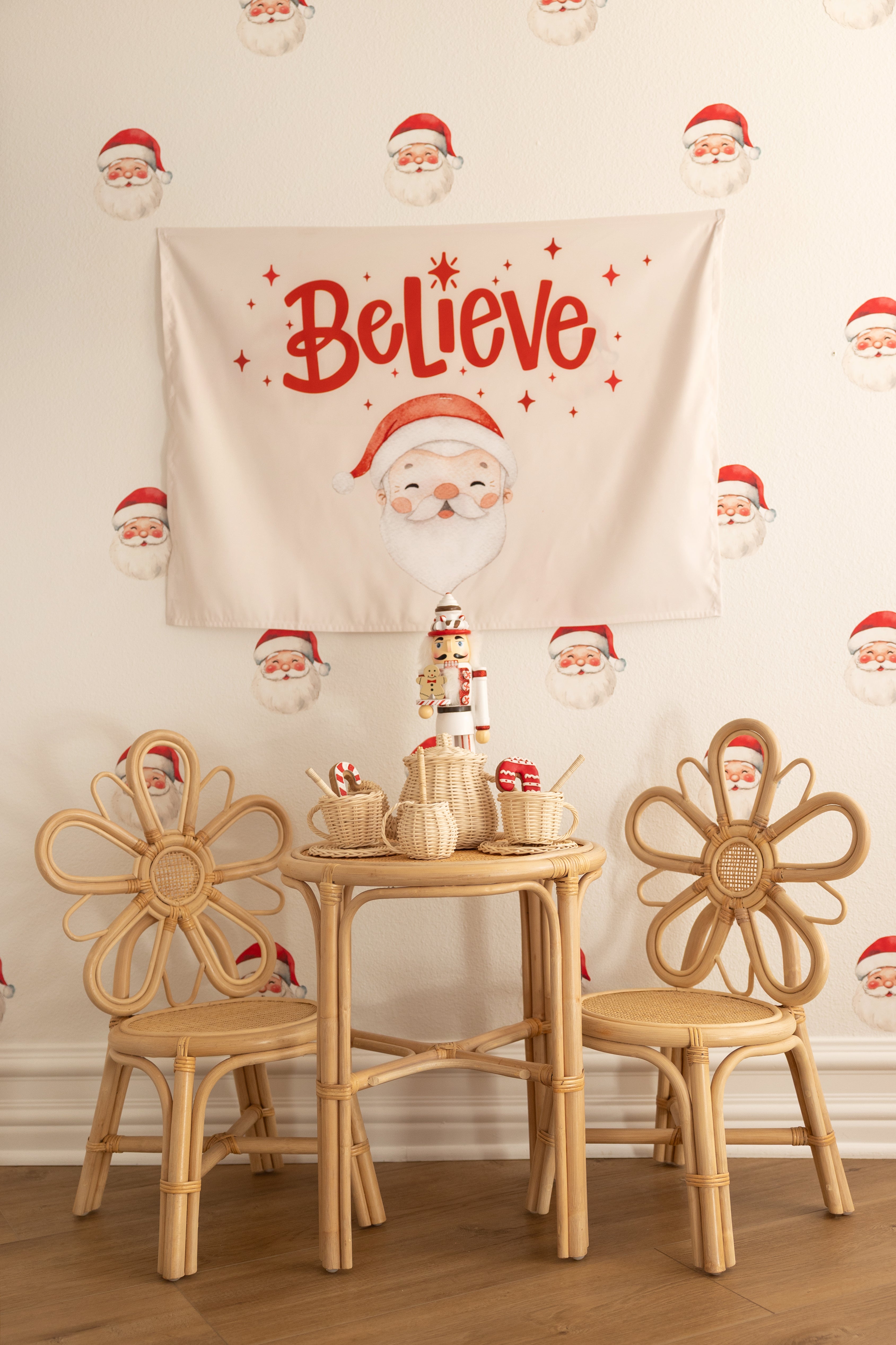 Christmas Banner, Believe - Caucasian Santa, Kids Fabric Tapestry, Santa Wall art Room Decor