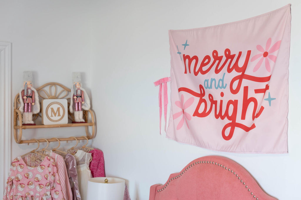 Christmas Banner, Merry & Bright, Kids Fabric Tapestry, Wall art Room Decor