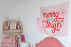 Christmas Banner, Merry & Bright, Kids Fabric Tapestry, Wall art Room Decor