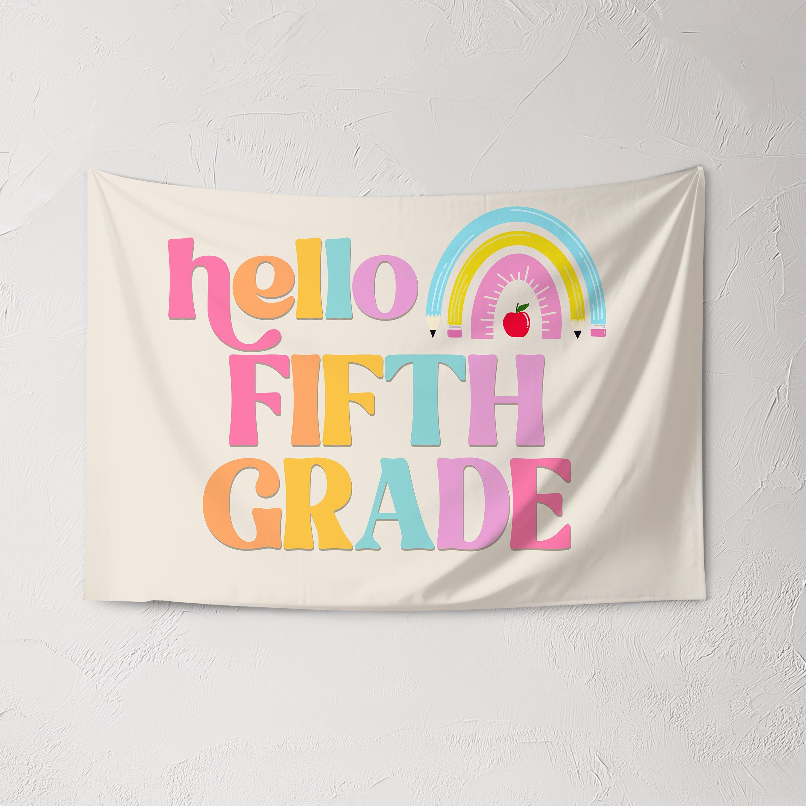 Fabric Tapestry Banner, Hello Rainbow Fifth Grade, Kids Wall Art Room Decor