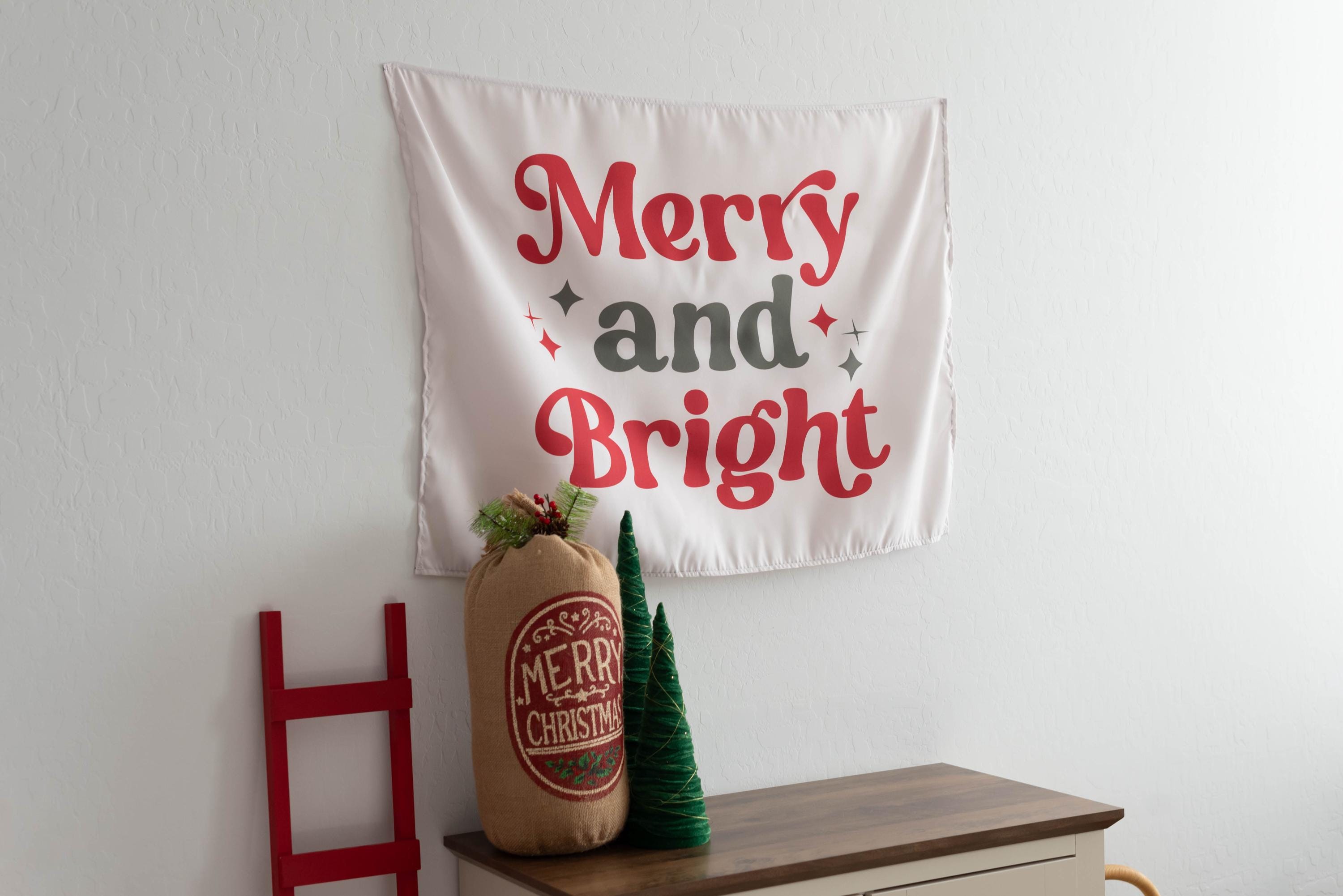 Christmas Banner, Merry and Bright, Festive Kids Fabric Tapestry