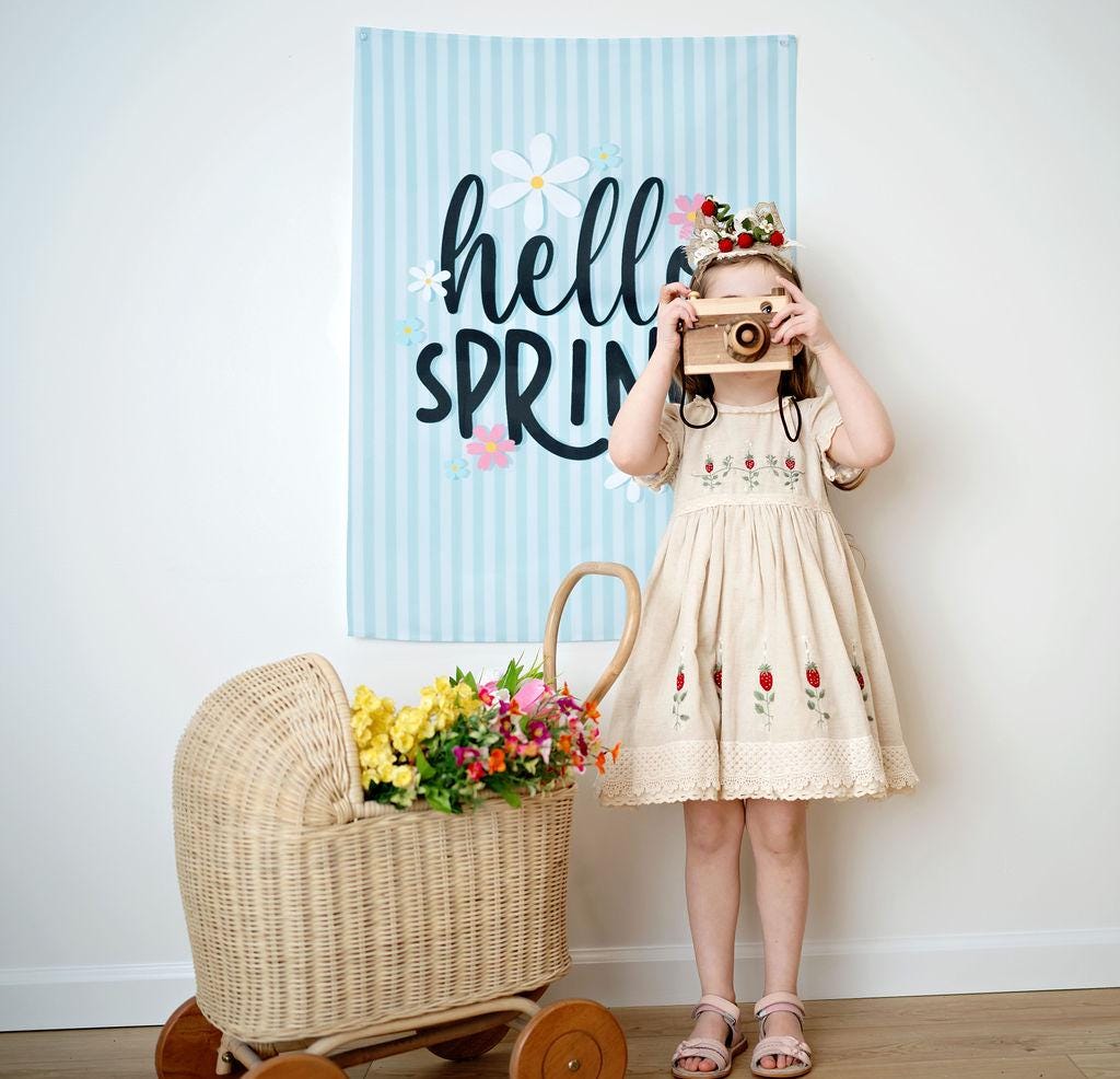 Fabric Tapestry Banner, Hello Spring, Kids Wall Art Room Decor, Children's Wall Art
