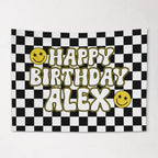 Custom Kids Happy Birthday Banner, Personalized Name, Retro Checkers, Kids Party Decor