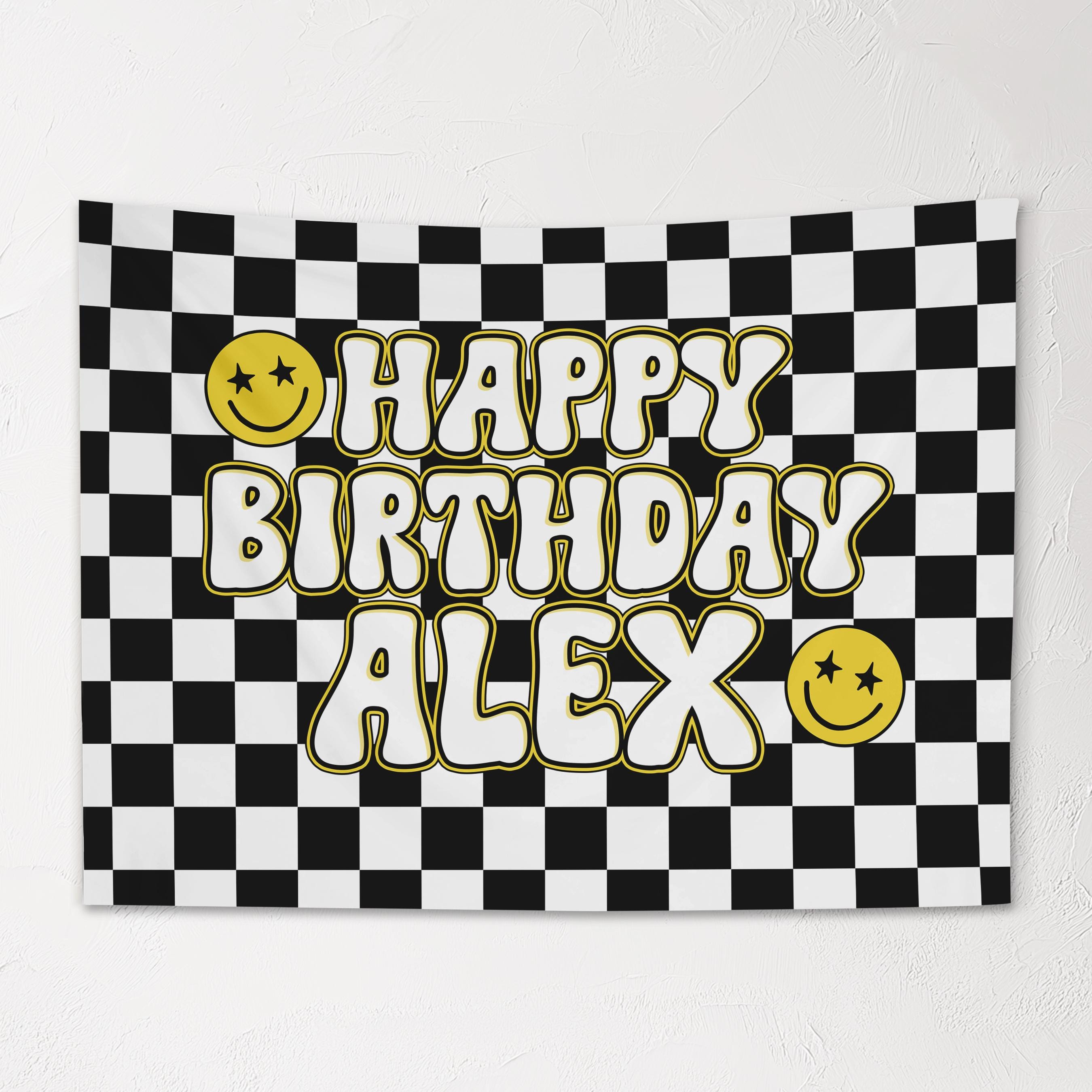 Custom Kids Happy Birthday Banner, Personalized Name, Retro Checkers, Kids Party Decor