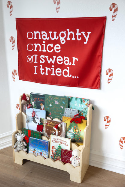 Christmas Banner, Naughty, Nice, Kids Fabric Tapestry, Wall art Room Decor