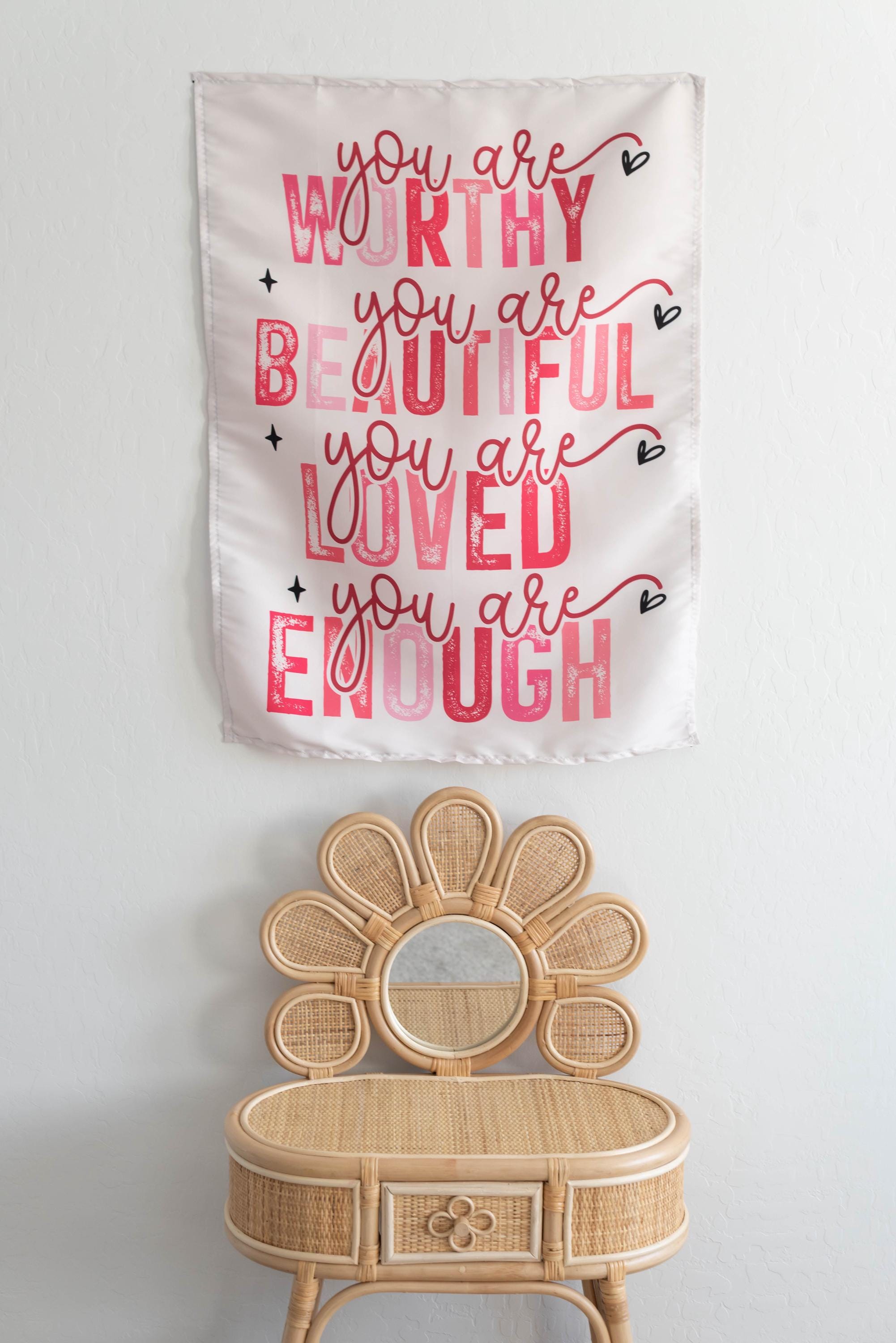 Fabric Tapestry Banner, You Are Worthy You are Beautiful, Kids Wall Art Room Decor