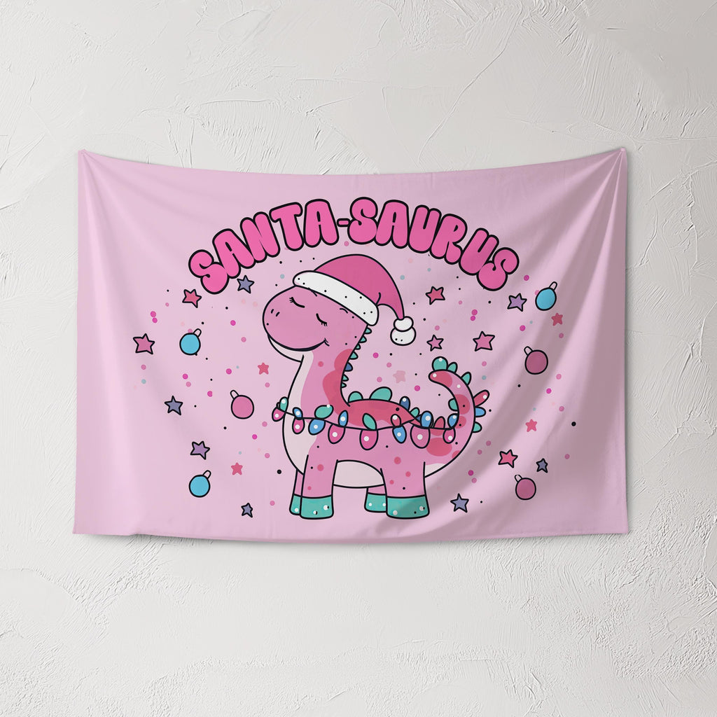 Christmas Banner, Santa-Saurus, Festive Kids Pink Fabric Tapestry, Room Decor