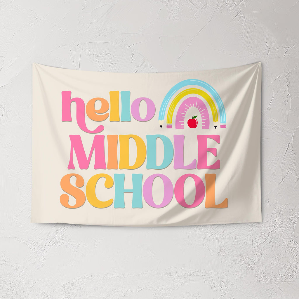 Fabric Tapestry Banner, Hello Rainbow Middle School, Kids Wall Art Room Decor