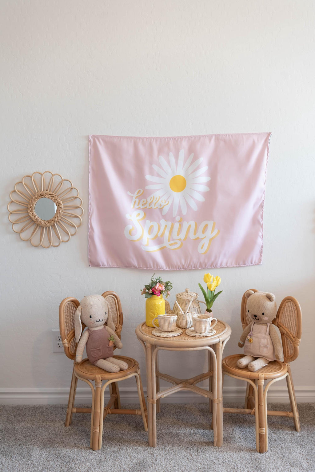 Fabric Tapestry Banner, Hello Spring, Kids Wall Art Room Decor, Children's Wall Art