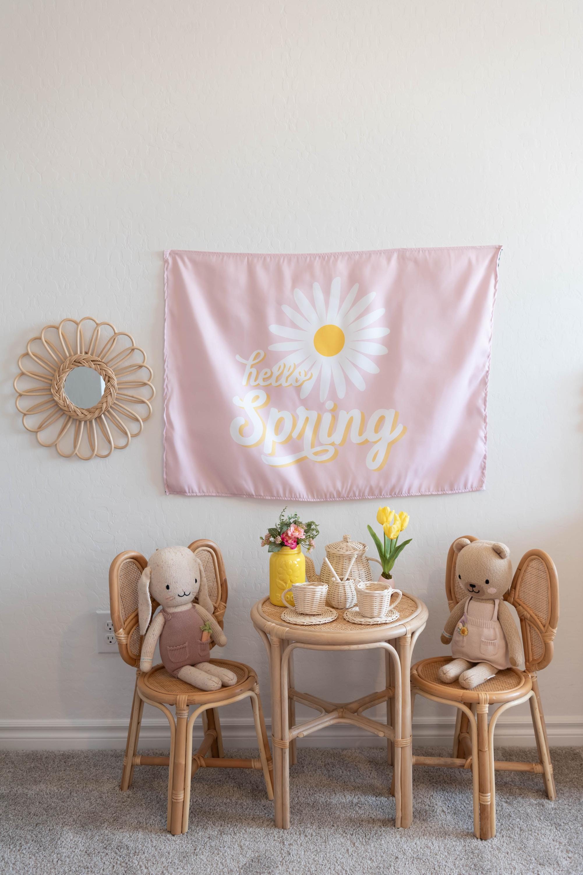 Fabric Tapestry Banner, Hello Spring, Kids Wall Art Room Decor, Children's Wall Art