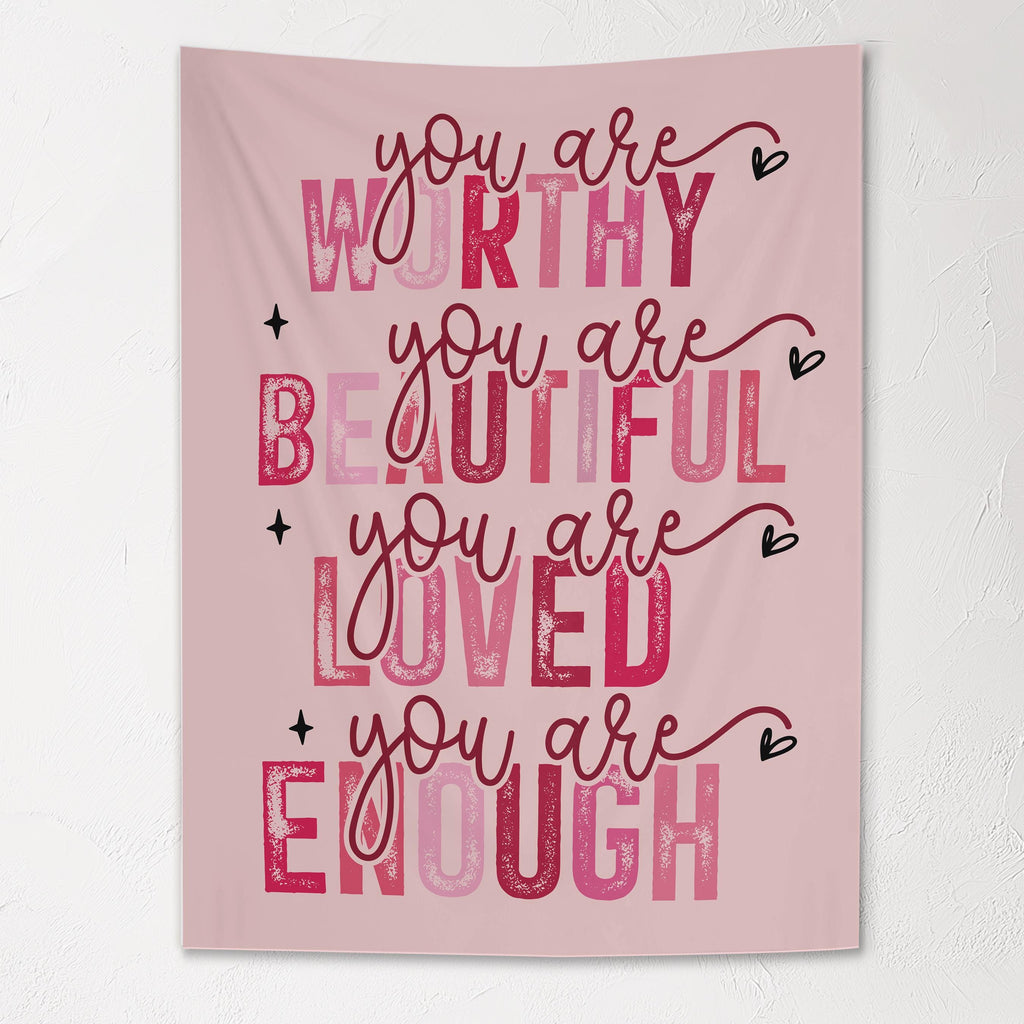 Fabric Tapestry Banner, You Are Worthy You are Beautiful, Kids Wall Art Room Decor