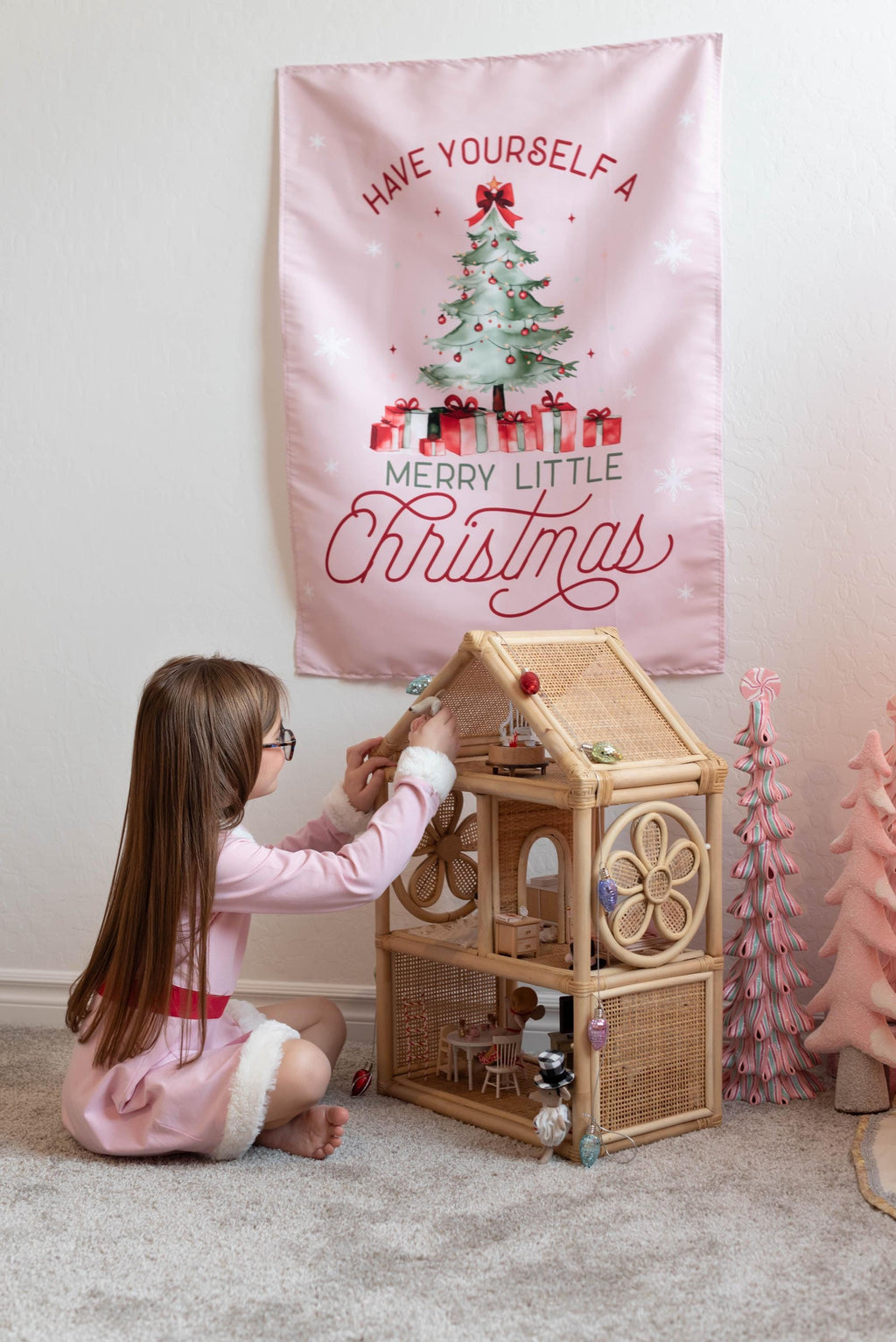 Christmas Banner Pink - Have Yourself a Merry Little Christmas, Kids Fabric Tapestry