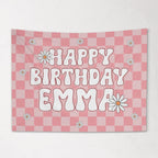 Girls Personalized Birthday Banner, Custom Pink Retro Checkered Wall Hanging with Name