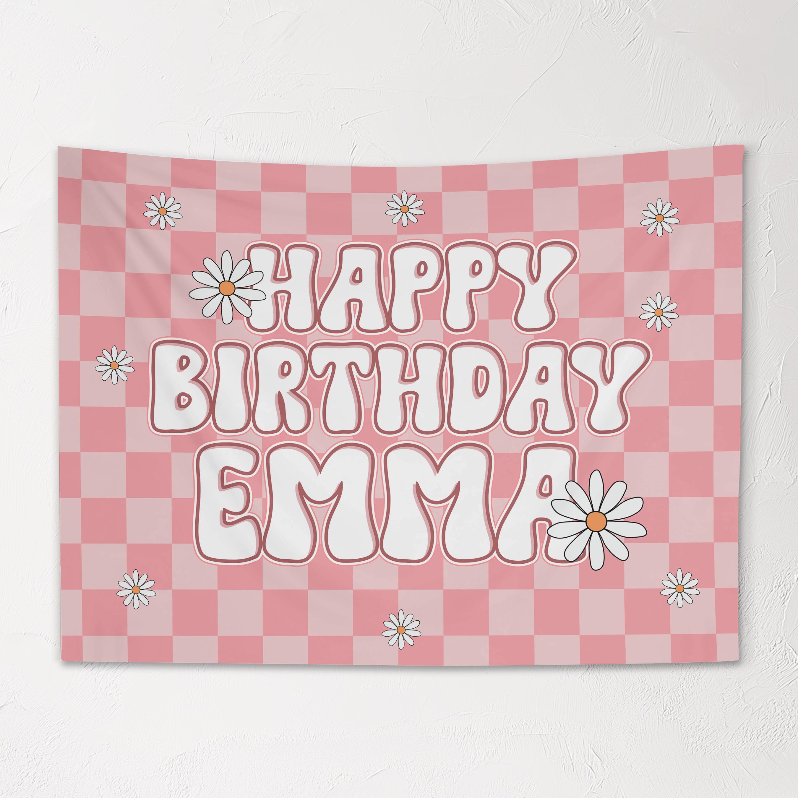 Girls Personalized Birthday Banner, Custom Pink Retro Checkered Wall Hanging with Name