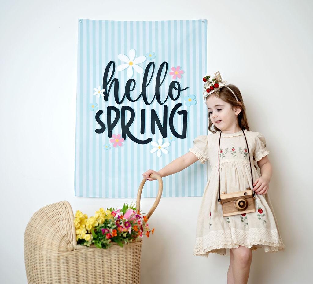 Fabric Tapestry Banner, Hello Spring, Kids Wall Art Room Decor, Children's Wall Art