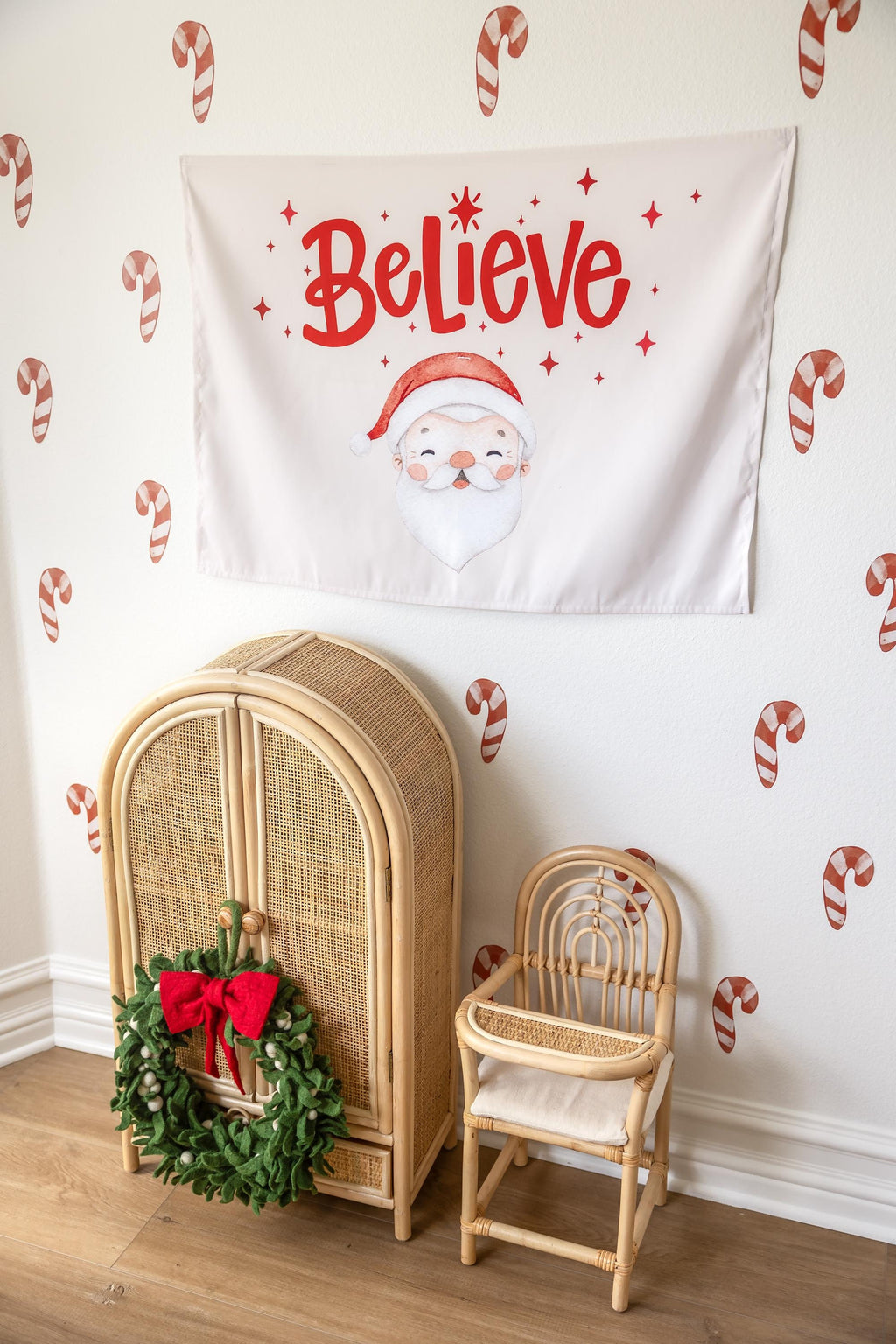 Christmas Banner, Believe - Caucasian Santa, Kids Fabric Tapestry, Santa Wall art Room Decor