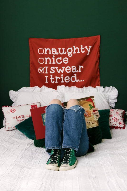 Christmas Banner, Naughty, Nice, Kids Fabric Tapestry, Wall art Room Decor