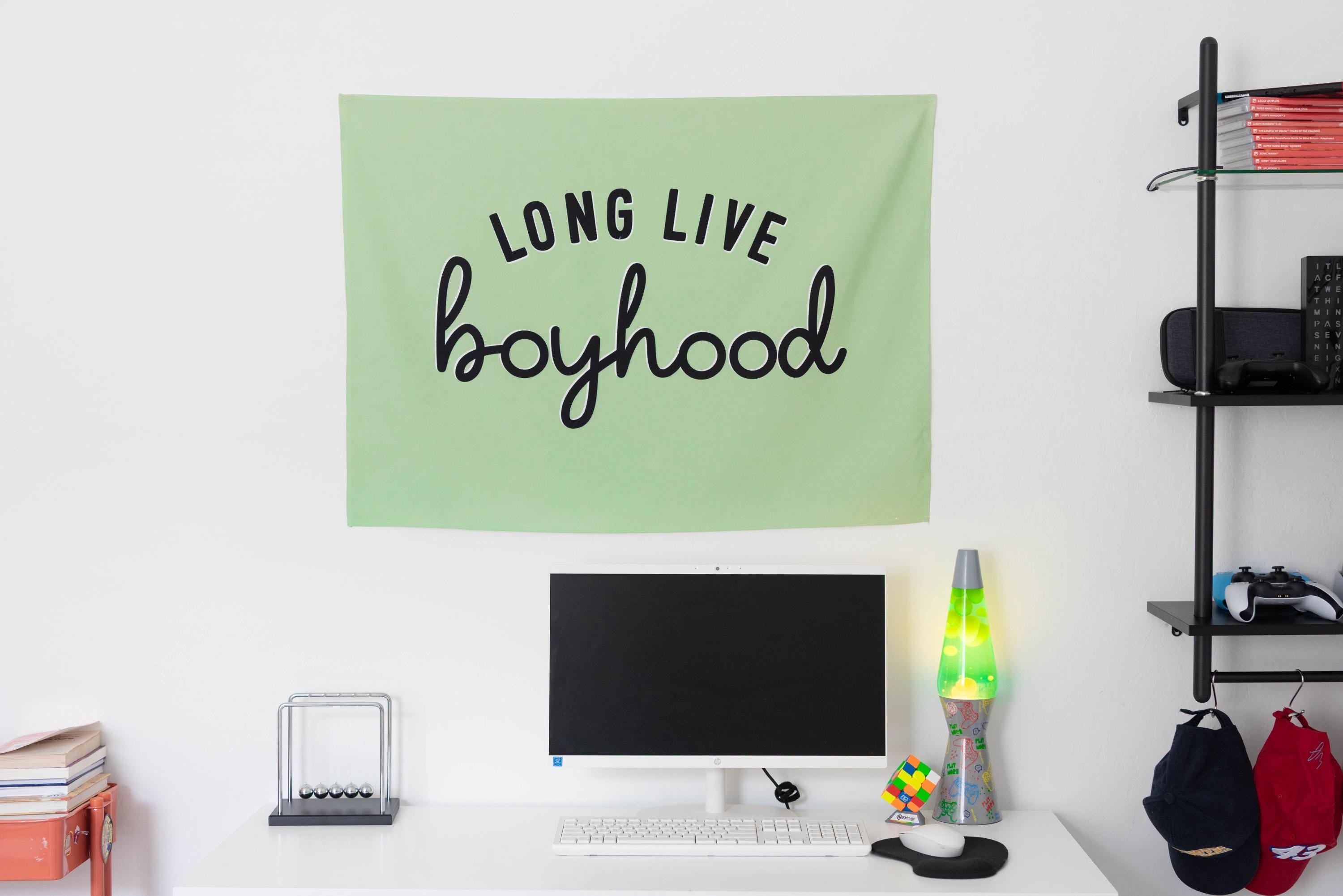 Fabric Tapestry Banner, Long Live Boyhood Green, Kids  Wall Art Decor