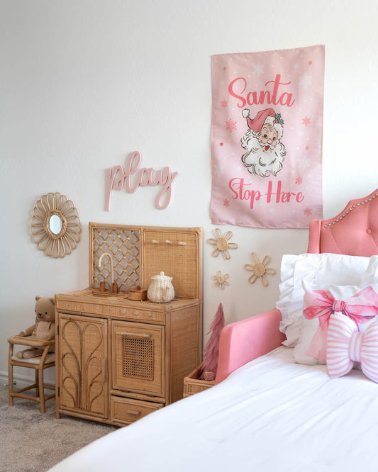 Christmas Banner Santa Stop Here, Kids Fabric Tapestry, Wall art Room Decor