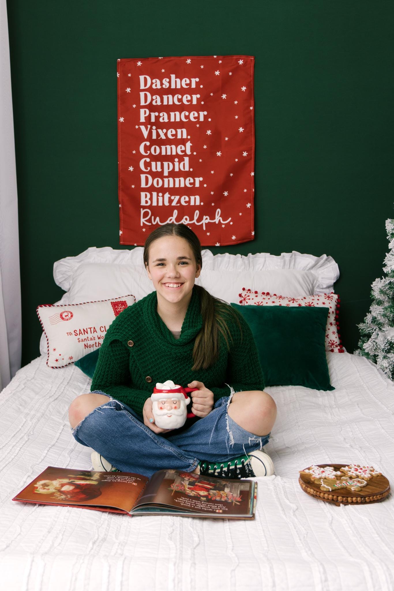 Christmas Banner, Santa's Reindeer, Kids Fabric Tapestry