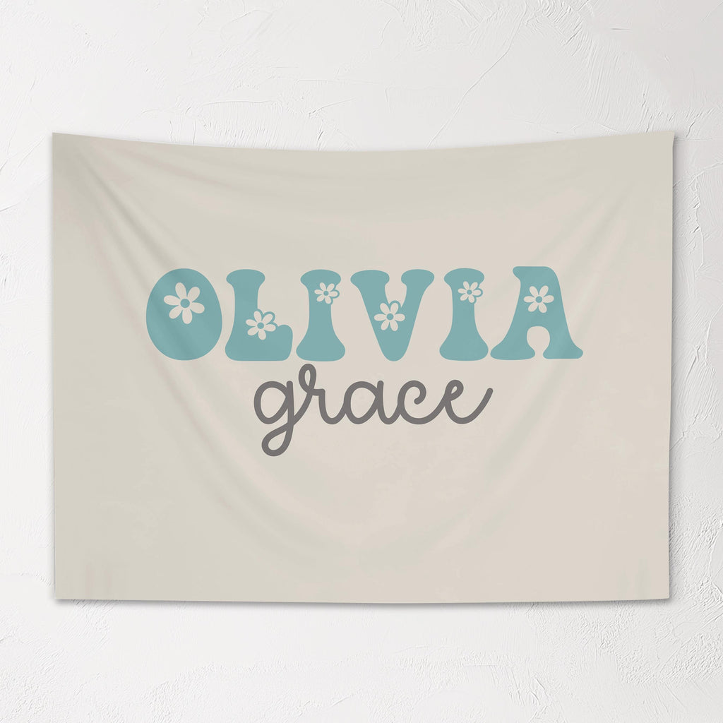 Fabric Tapestry Banner, Groovy Flower Name Personalized, Kids Wall Decor, Children's Wall Art