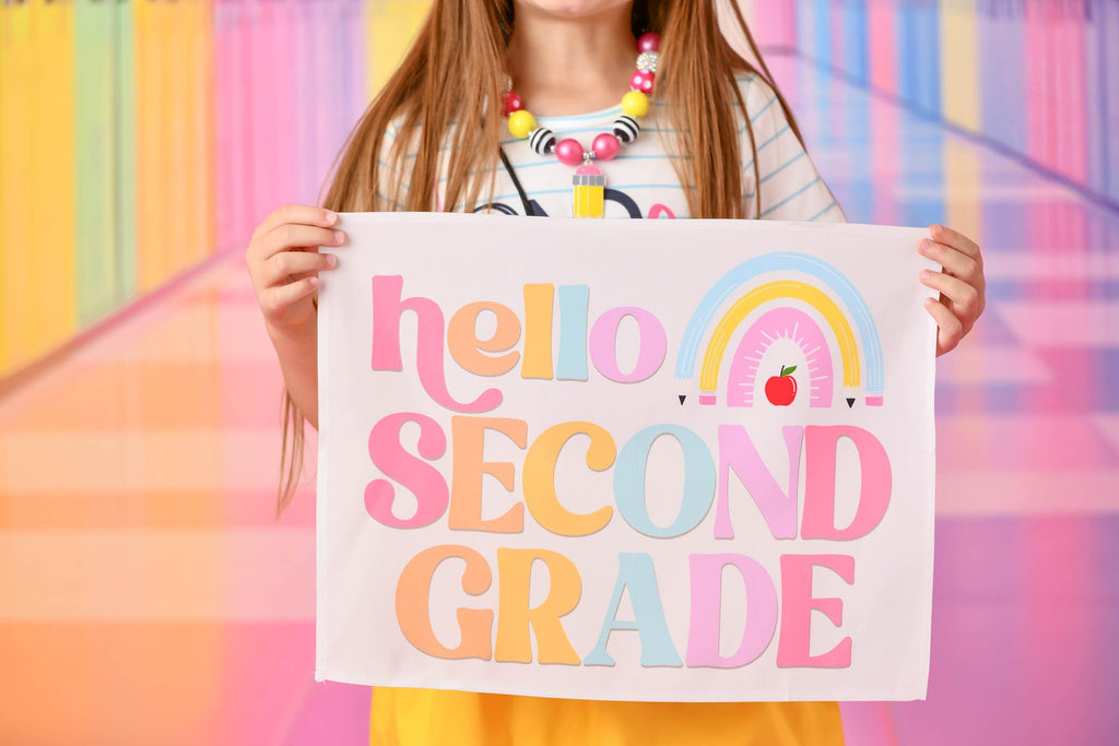 Fabric Tapestry Banner, Hello Rainbow Second Grade, Kids Wall Art Room Decor