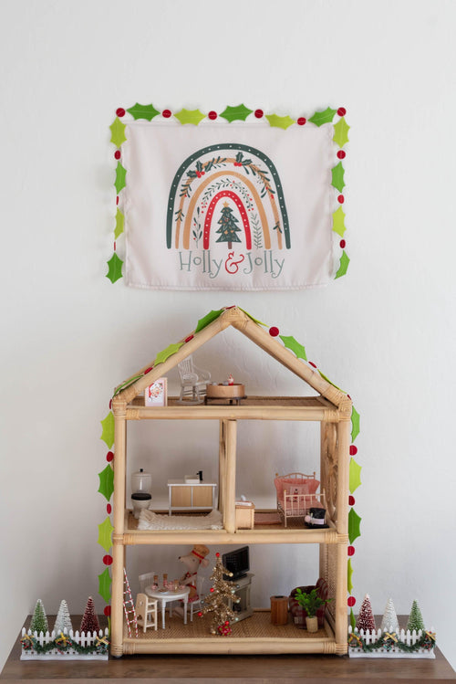 Christmas Banner Holly and Jolly, Festive Kids Fabric Tapestry, Wall art Room Decor