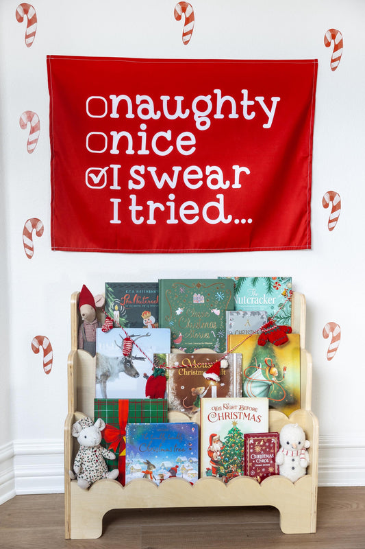 Christmas Banner, Naughty, Nice, Kids Fabric Tapestry, Wall art Room Decor