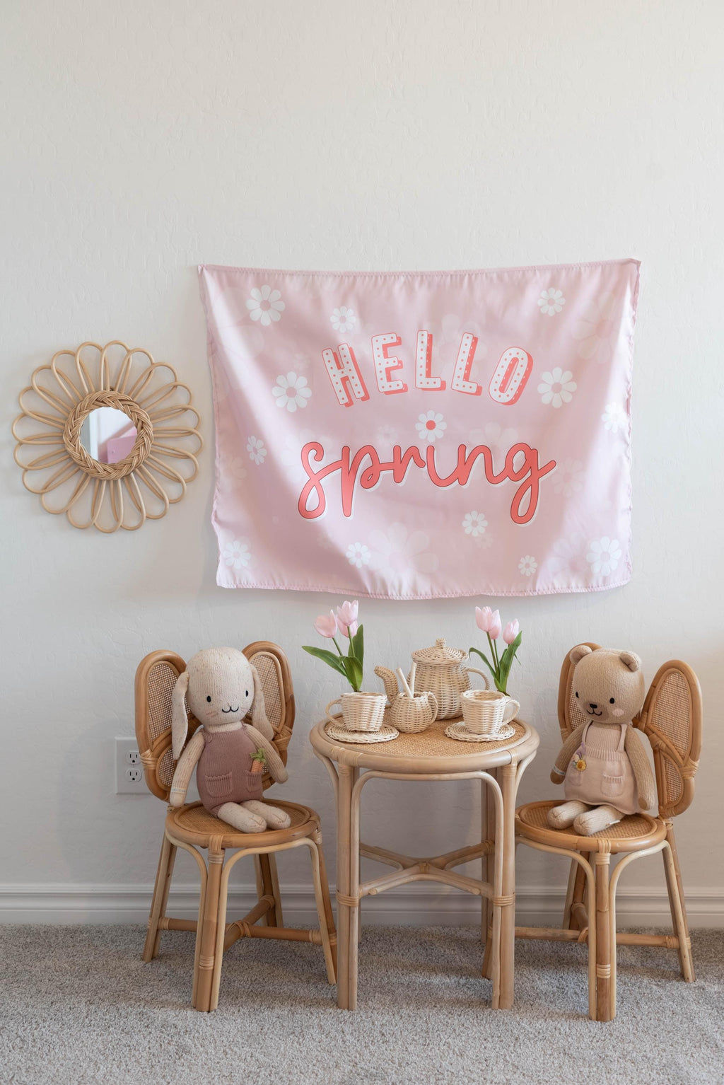 Fabric Tapestry Banner, Hello Spring, Kids Wall Art Room Decor, Children's Wall Art