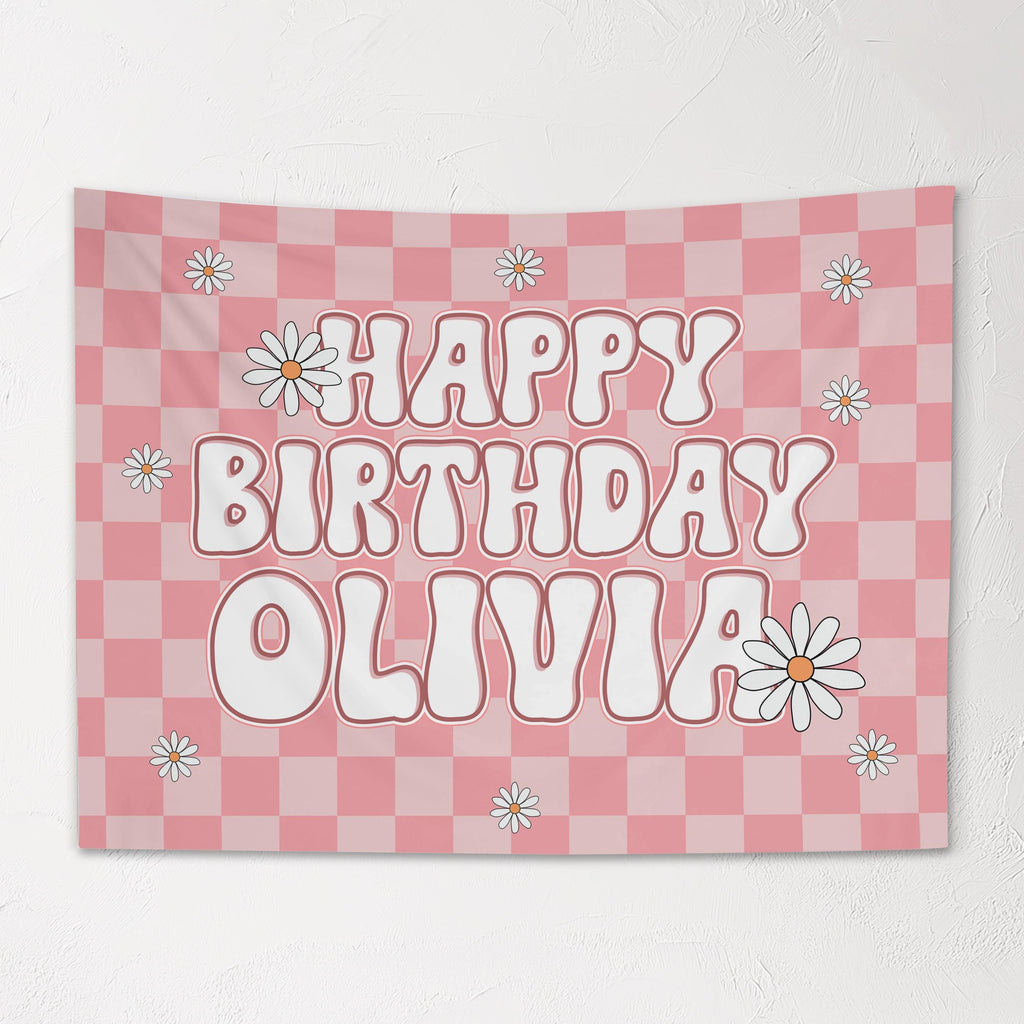 Girls Personalized Birthday Banner, Custom Pink Retro Checkered Wall Hanging with Name